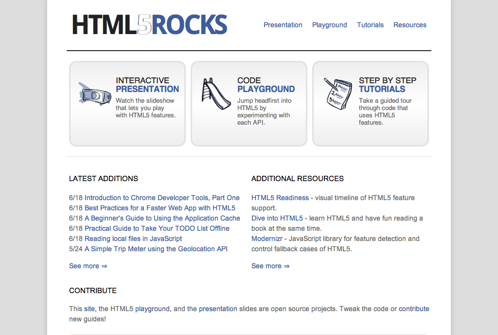 screenshot of Google's site HTML5Rocks.com