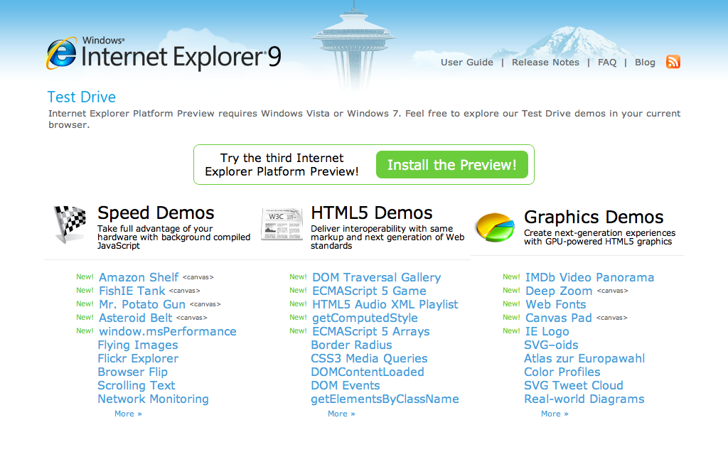 screenshot of Microsoft's IE9 Preview site promoting HTML5.
