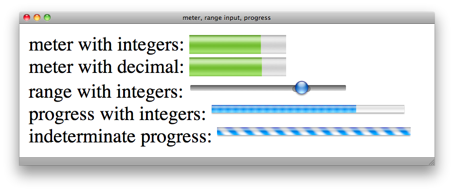 screenshot of Safari browser showing visual rendering of meter, range input, and progress examples.