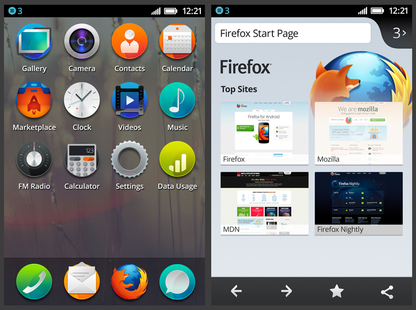Screenshots of FirefoxOS home screen and browser start page.