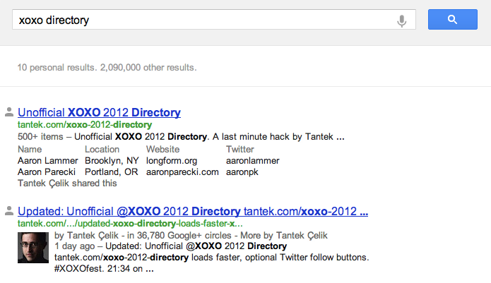 Google search results for XOXO directory show a table