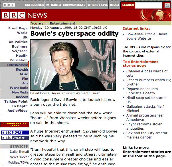 Screenshot of BBC News 1999 article “Bowie’s Cyberspace Oddity” about launching his new album on the internet.