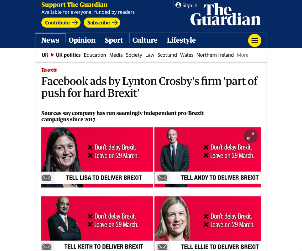 Screenshot of The Guardian UK Article on “Facebook ads by Lynton Crosby's firm 'part of push for hard Brexit'”