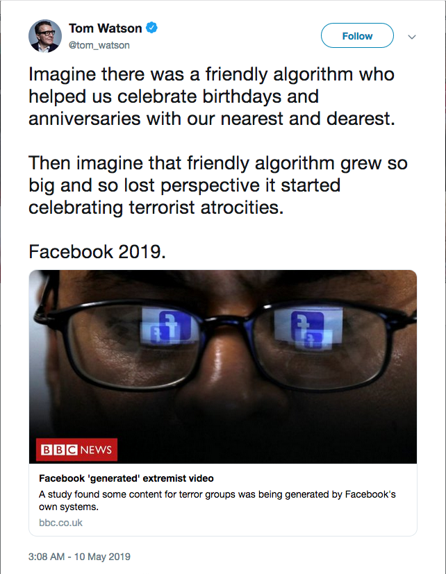 Screenshot of Tom Watson tweet BBC article on Facebook generating extremist content