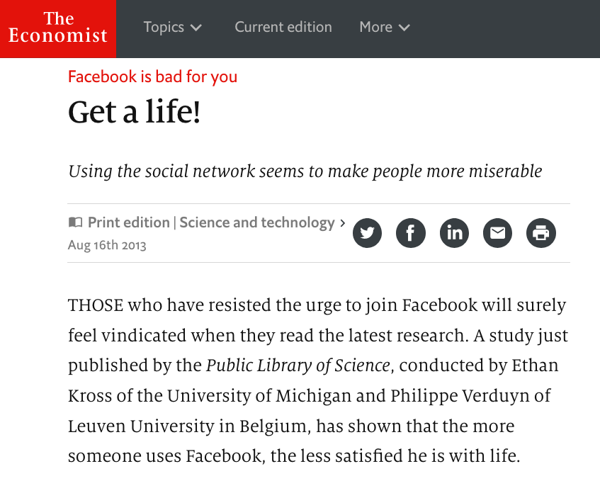 Screenshot of The Economist article “Facebook is bad for you / Get a life!”