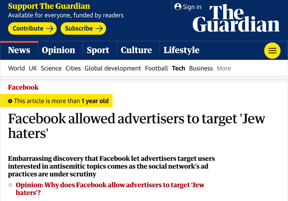 Screenshot of The Guardian UK article “Facebook allowed advertisers to target 'Jew haters'”