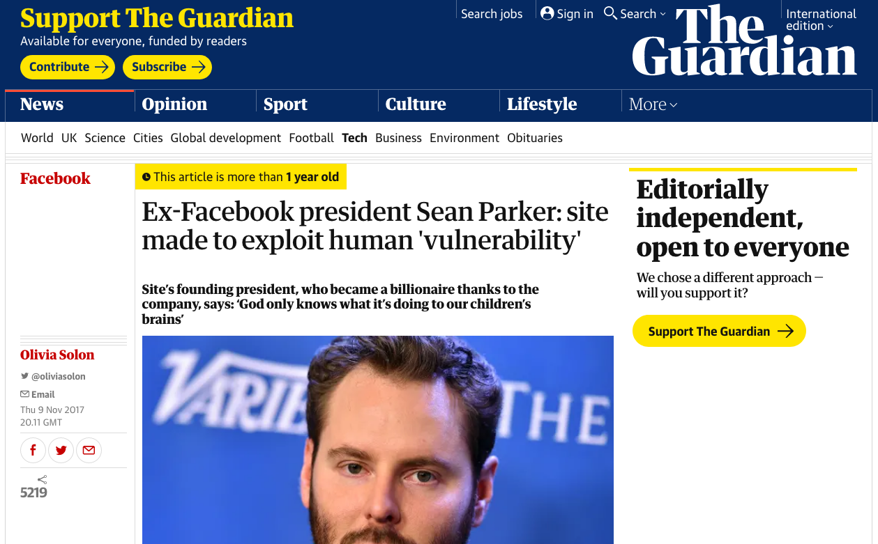 Screenshot of The Guardian UK article “Ex-Facebook president Sean Parker: site made to exploit human 'vulnerability'”