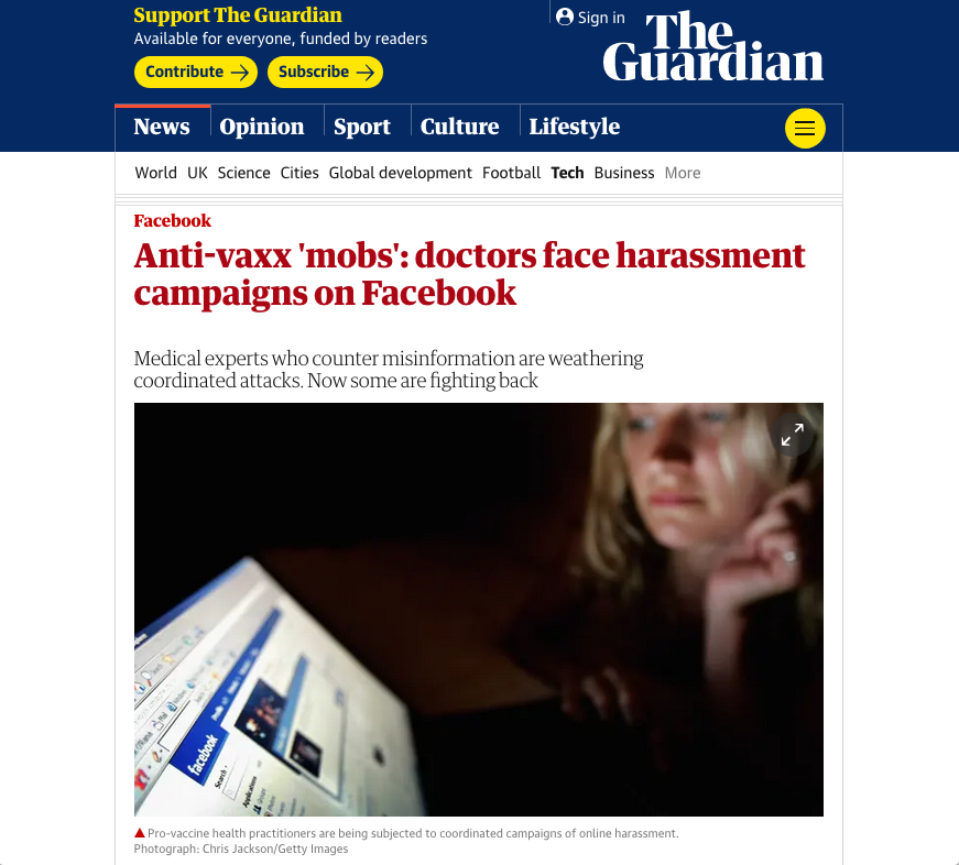 Screenshot of The Guardian UK Article on “Anti-vaxx 'mobs': doctors face harassment campaigns on Facebook”