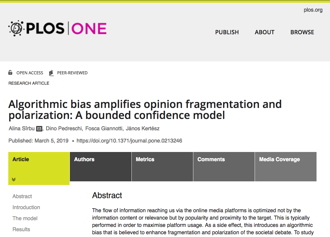 Screenshot of PLOS paper “Algorithmic bias amplifies opinion fragmentation and polarization: A bounded confidence model”