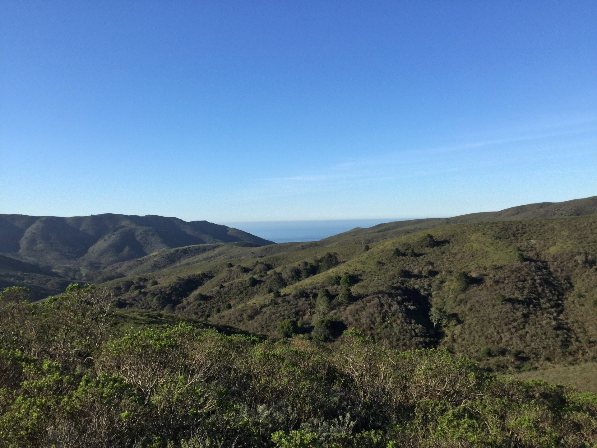 Clear blue sky, Pacific Ocean peaking between rolling green hills.