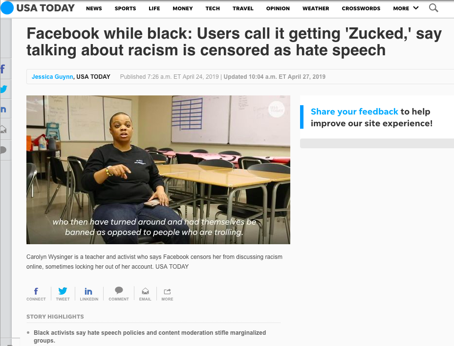 Screenshot of USA Today article “Facebook while black: Users call it getting 'Zucked,' say talking about racism is censored as hate speech”