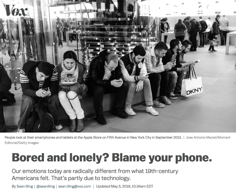 Screenshot of Vox article “Bored and lonely? Blame your phone.”