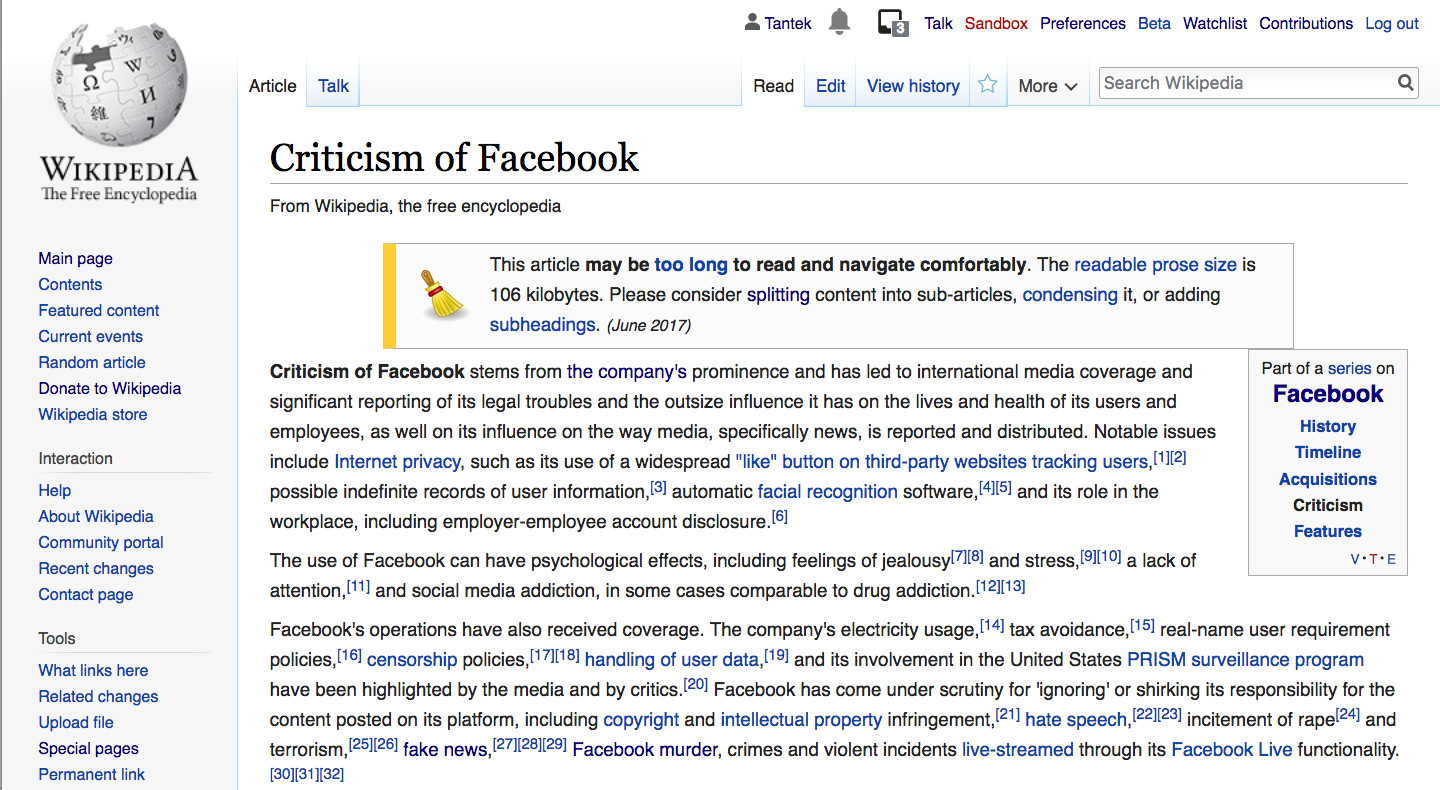 Screenshot of Wikipedia article Criticism of Facebook